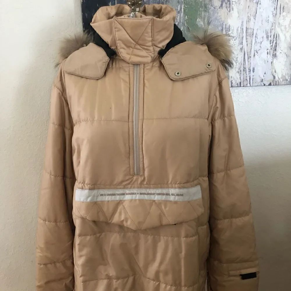 ELLESSE Italia 1/4 Zip Puffer Pullover Fur Hood Champagne Colored Jacket